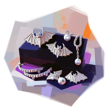 A collection of antique jewelry pieces featuring intricate designs shaped like bats. The jewelry includes a pair of delicate silver earrings, each bat with detailed wings and tiny gemstones for eyes. There is a matching silver pendant hanging from a fine chain, showcasing a bat in mid-flight with ornate engravings on its wings. A bracelet also features several bat charms, each with unique designs and textures. The pieces are displayed on a dark velvet background, highlighting their craftsmanship and elegance.