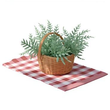A rustic woven basket filled with vibrant green ferns. The basket is placed on a checkered picnic blanket, which has a classic red and white pattern. Sunlight filters through the trees above, casting soft shadows on the blanket. The ferns are lush and newly picked, with a few delicate drops of dew glistening on their leaves. The picnic blanket is slightly crumpled, adding to the relaxed outdoor atmosphere.