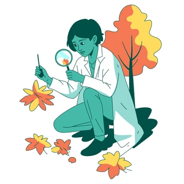A botanist using a loupe to study the color variations in a fall leaf
