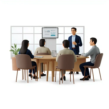A professional loan officer with short brown hair, wearing a tailored navy suit and a light blue shirt, stands at a sleek wooden desk in a modern bank office. She is engagingly explaining loan terms to a couple seated across from her. The couple consists of a man with a clean-shaven face and a woman with long black hair, both dressed in smart-casual attire. They are looking attentively at the loan officer with expressions of interest. The office features large windows that allow natural light to fill the space, and there are contemporary chairs and a minimalist décor with a few potted plants in the background. A digital screen behind the loan officer displays graphs and charts related to loan options.