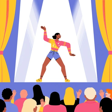 A dancer in a vibrant costume is striking a dynamic final pose on a well-lit stage. The dancer has one arm raised gracefully, and the other extended outward. Bright stage lights shine down, illuminating the dancer's figure. In the foreground, a diverse audience is seen clapping with enthusiasm, their faces filled with excitement. The backdrop of the stage features colorful curtains, enhancing the celebratory atmosphere of the performance.