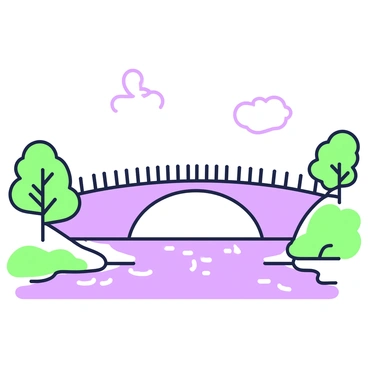 A bridge is spanning across a river with a smooth surface. The structure of the bridge features several arches and supports, all depicted with sparse lines. Below the bridge, the water flows gently, with a few ripples visible on the surface. On either side of the riverbank, there are outlines of trees, their branches reaching towards the sky. The setting is tranquil, with a few clouds drawn above the bridge.