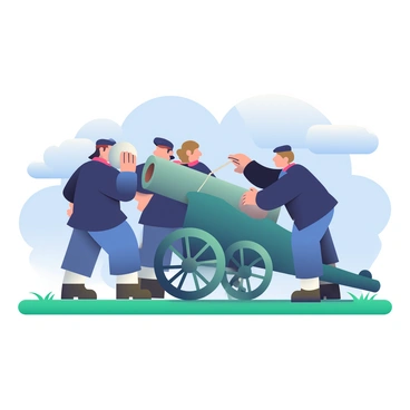 A team of four artillerymen is working together to load a large cannon. The first artilleryman, wearing a dark blue uniform and a black cap, is lifting a heavy cannonball with both hands, while the second artilleryman, dressed in a similar uniform, is leaning over the cannon’s muzzle to position the cannonball inside. The third artilleryman is standing beside the cannon, adjusting the fuse, while the fourth artilleryman, with a light brown beard, is taking aim down the cannon's barrel. The background shows a clear blue sky and a grassy field, with wheels from the cannon's carriage prominently displayed, adding to the scene of intense activity.