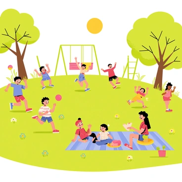A vibrant park scene filled with children playing energetically. Some children are running after a bright red ball, while others are swinging on colorful swings. A group of kids is gathered around a picnic blanket, sharing snacks and laughing together. Nearby, a child is climbing up a green jungle gym, their face lit up with excitement. The grass is a lush, bright green, dotted with wildflowers in various colors. In the background, there are trees with wide canopies providing shade, and the sun is shining brightly, creating a cheerful atmosphere.