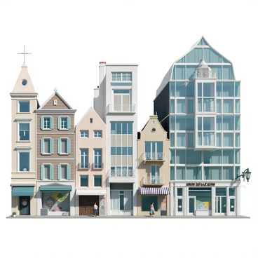 A street view showcasing the unique architecture of Montpellier's buildings. The scene features a variety of structures with distinct styles, including modern glass facades, traditional stonework, and ornate balconies. Tall, elegant buildings frame the street, with some adorned with colorful murals. The sky is clear, allowing sunlight to reflect off the glass surfaces, enhancing the architectural details. A few pedestrians can be seen walking along the sidewalk, admiring the unique designs of the buildings.
