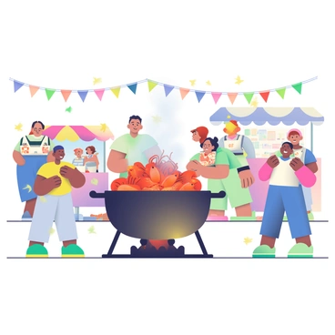 A large pot of crawfish is positioned over an open flame, with vibrant orange and red crawfish visible inside. Steam rises from the pot, creating a sense of heat and activity. Surrounding the pot, there are several people enjoying the festival, some laughing and chatting while others are dancing to music. Colorful banners and lights are strung overhead, adding to the festive atmosphere. In the background, there are food stalls with various offerings, and the ground is covered with scattered leaves, indicating a lively outdoor setting.