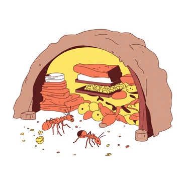 An orange ant is diligently organizing stacks of food in a well-stocked underground pantry. The pantry walls are lined with various items, including grains, seeds, and tiny fruits, all in neat piles. The ant is carrying a small yellow grain with its mandibles, while nearby, other ants are assisting in the process. Soft yellow light illuminates the pantry, highlighting the organized chaos of food storage. The ground is covered with scattered crumbs and tiny bits of food, creating a bustling atmosphere.