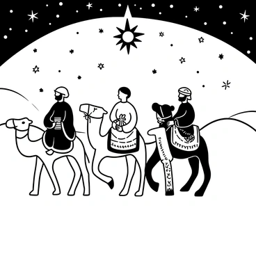 Three Wise Men riding on camels, making their way through a vast desert landscape. The camels are adorned with decorative saddles, and the men are wearing flowing robes with intricate patterns. One Wise Man is holding a large, ornate gift, while another carries a scroll. The sky is filled with a multitude of stars, with a particularly bright star shining above, casting a soft glow over the scene. The sandy dunes stretch into the distance, creating a sense of vastness around them.
