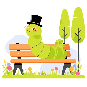 A giant green caterpillar with detailed segmented body parts is sitting on a wooden park bench. The caterpillar is wearing a shiny black top hat perched jauntily on its head and a shiny gold monocle over one eye. The bench is surrounded by colorful flowers and tall grass, and there are a few leaves scattered around. In the background, there are tall trees with vibrant green leaves and a clear blue sky.