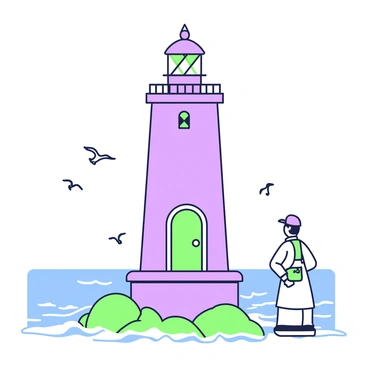 An old-fashioned lighthouse with a keeper standing by the door, watching the sea