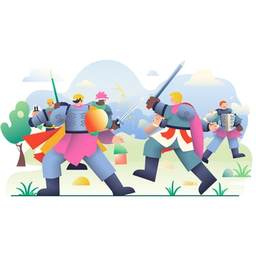 A vibrant battle scene is unfolding in an open field. Armored warriors, wearing shining steel armor with intricate designs, are clashing swords, creating sparks as metal meets metal. Some warriors have brightly colored capes that billow behind them as they charge forward, while others wield large shields adorned with emblems. The ground is marked with tufts of grass and patches of dirt where the battle is taking place. In the background, there are distant mountains under a clear blue sky, and a few trees stand at the edges of the field, slightly swaying in the wind.