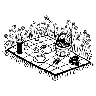 A picnic blanket spread out across a meadow filled with blooming daisies. A woven basket is placed on one corner of the blanket, filled with various treats including fruit and sandwiches. There are several plates and cups arranged neatly on the blanket. A couple of colorful napkins are spread out beside the basket, and a thermos stands on one side. The daisies in the meadow are abundant, creating a lively scene of nature.