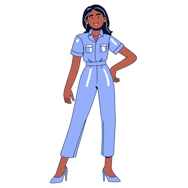 A fashion model stands confidently wearing a metallic jumpsuit that reflects light with a smooth, shiny surface. The jumpsuit has a high neckline and fitted legs, accentuating the model's silhouette. The model's hair is sleek and shiny, cascading down in straight strands. She poses with one hand on her hip, showcasing the dynamic look of the outfit. The background is a simple, neutral color to keep the focus on the fashion elements.