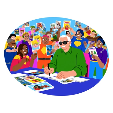 Stan Lee, an older man with white hair and glasses, is smiling as he sits at a table surrounded by colorful comic book artwork. He is signing autographs on various comic books for excited fans. A diverse group of fans stands around him, some holding up their comics, while others are taking selfies with him. The backdrop features vibrant banners showcasing popular comic characters. The atmosphere is lively, with fans wearing superhero costumes and merchandise, creating a sense of excitement and enthusiasm.
