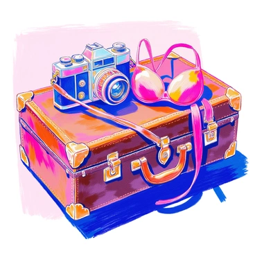 A vintage camera with a leather strap rests on an old leather travel trunk. The camera features intricate detailing and has a shiny metal lens. Beside it, a retro-style bra in bold colors is draped elegantly across the trunk. The leather trunk is worn, showing signs of age with its textured surface and brass buckles. Soft light highlights the objects, creating gentle shadows on the trunk's surface.