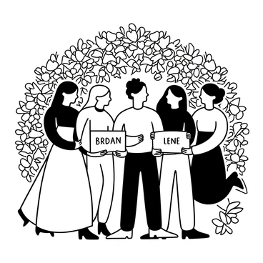 Bridesmaids standing together, each wearing elegant dresses, holding a decorative wedding invitation in front of a lush floral backdrop. The backdrop is filled with various types of flowers, intricately arranged to create a visually striking setting. Each bridesmaid displays a different pose, showcasing the invitation prominently. The scene exudes a sense of celebration and unity among the group.