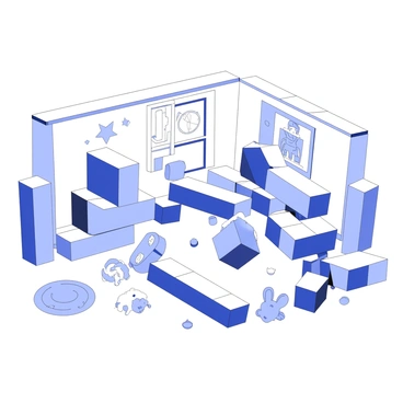 A child's playroom filled with an array of colorful toy building blocks. The blocks are in various shapes and sizes, some stacked precariously on top of each other, while others are scattered across the floor. Two blocks are shown mid-collision, creating a sense of movement and interaction. Surrounding the blocks, there are soft toys and a small rug, indicating a playful environment. The walls are adorned with drawings and posters, contributing to the lively atmosphere of the playroom.