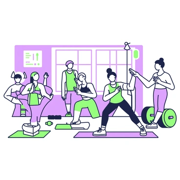 A gym filled with people engaging in fitness activities. In the center, a group of individuals is participating in a high-intensity interval training session, with one person demonstrating an exercise. To the left, a yoga class is taking place, with participants in various poses on their mats. In the background, a corner is dedicated to weightlifting, where two individuals are lifting weights while a trainer observes. The atmosphere is energetic, with colorful workout gear and fitness accessories visible throughout the space.