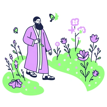 A man with a flowing beard, wearing a long traditional robe, is taking a leisurely walk along a winding path in a blooming garden. The garden is filled with various flowers, each in full bloom, adding vibrancy to the scene. Flitting through the air are colorful butterflies, gracefully dancing among the petals. Nearby, a few birds are perched on branches, chirping and adding to the lively atmosphere. The sky above is clear, enhancing the beauty of the garden. The man is smiling softly, embodying a sense of peace and contentment as he enjoys the natural surroundings.
