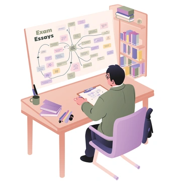 A student sitting at a wooden desk covered with various colored pens and highlighters. The student has short black hair and is wearing glasses. They are focused on a large sheet of paper in front of them, which is filled with a mind map. The mind map features the central idea "Exam Essays" in a bold font, surrounded by branches labeled with different topics and ideas, each drawn in various colors. There are doodles and symbols illustrating concepts, such as light bulbs for ideas and arrows showing connections between topics. A stack of textbooks is located beside the student, and a cup of coffee sits on the corner of the desk. The room has a neatly organized bookshelf in the background.