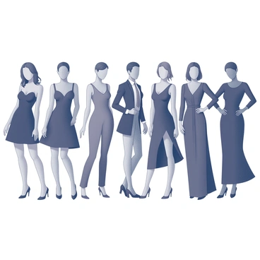 A collection of fashion silhouettes is displayed prominently. Each silhouette represents a distinct body shape, including curvy, athletic, and slender forms. The silhouettes vary in style, featuring elements such as elegant evening gowns, casual streetwear, tailored suits, and flowing bohemian dresses. Each figure stands in a dynamic pose, emphasizing the unique lines and curves of their respective body shapes. The overall arrangement creates a diverse representation of fashion, highlighting the variety in style and body types.