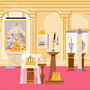 A grand interior of Bangalore Palace showcasing a collection of historical artifacts and royal memorabilia. The room features elegant wooden panels and ornate furnishings. On display are richly decorated royal crowns, intricately designed swords, and opulent jewelry pieces placed on wooden pedestals. A large tapestry depicting a royal scene hangs on one wall. Glass cases house ancient manuscripts and vintage photographs. Warm lighting accentuates the details of each artifact, creating a sense of reverence for the history within the palace.