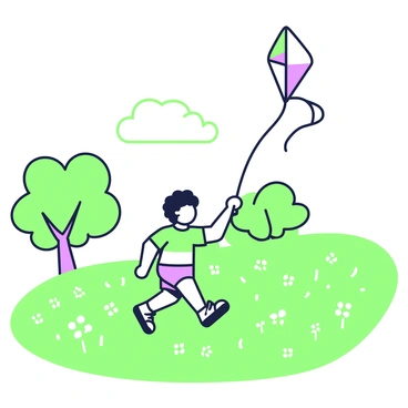 A child is running in an open field, holding onto a string attached to a kite that is soaring in the sky. The child has short, curly hair and is wearing a colorful t-shirt and shorts. The kite is vibrant and has a triangular shape with a tail that dances in the wind. Surrounding the child, there is a vast expanse of green grass, dotted with small wildflowers. In the background, there are large trees with thick trunks and lush leaves. The sky above is clear with a few fluffy clouds.