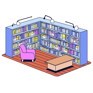 A medical library with tall shelves filled with various books and journals. The shelves are neatly arranged, showcasing a range of medical texts, some with colorful spines and others in muted tones. A few wooden tables are scattered around, providing space for study. Soft lighting from overhead lamps casts a warm glow over the books. In one corner, there is a comfortable armchair, inviting readers to sit and immerse themselves in literature. The floor is polished wood, adding to the tranquil atmosphere of the library.