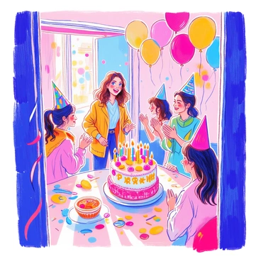 A woman with long brown hair is entering a room. She has wide eyes and her mouth is open in surprise. The room is filled with colorful balloons of various sizes, floating against the ceiling and scattered around the floor. Friends are gathered around, smiling and clapping, wearing party hats. There is a large birthday cake on a table, decorated with candles and the words "Happy Birthday" in bright icing. Streamers are hanging from the walls, adding to the festive atmosphere.