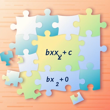 A jigsaw puzzle is spread out on a wooden table. The individual pieces are colorful, featuring various shades of blue, yellow, and green. Each puzzle piece has distinct edges, with some pieces showing parts of mathematical symbols. When assembled, the puzzle reveals a prominent quadratic equation: "ax² + bx + c = 0". The background is softly blurred, focusing on the puzzle pieces in the foreground, highlighting their interlocking shapes. A few scattered pieces lay around the edges of the puzzle, indicating the process of assembly.