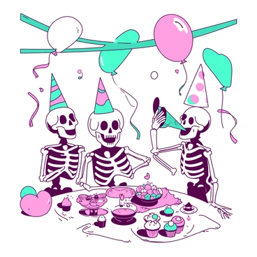 A group of white skeletons is gathered in a lively atmosphere, celebrating with cheerful expressions. The skeletons are adorned with colorful party hats, and one skeleton is blowing a teal horn. Surrounding them, vibrant streamers in teal and white hang from above, creating a festive canopy. Brightly colored balloons in various shapes float around the scene, including round and heart-shaped designs, contributing to the joyous ambiance of the party. A table nearby is filled with treats, including cupcakes and snacks, completing the festive celebration.