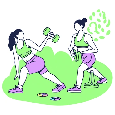Two friends are engaged in a workout in a backyard, performing renegade rows. The first friend, with long hair tied back, is in a plank position with one hand on the ground and the other hand pulling a green dumbbell toward her side. She is wearing a fitted athletic top and shorts. The second friend, with short hair, is positioned beside her in a similar stance, also pulling a dumbbell. They are both smiling and encouraging each other, with a bright green lawn in the background. Nearby, there are a few colorful resistance bands lying on the grass. Sunlight filters through trees, casting shadows on the ground.