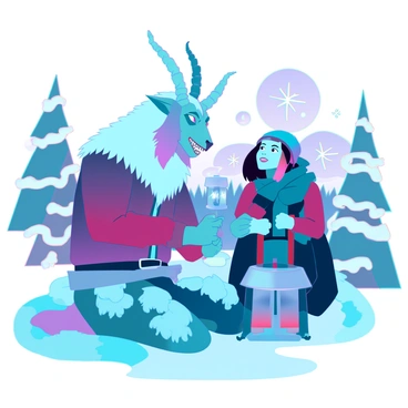 A kind-looking Krampus helping a lost child find their way home