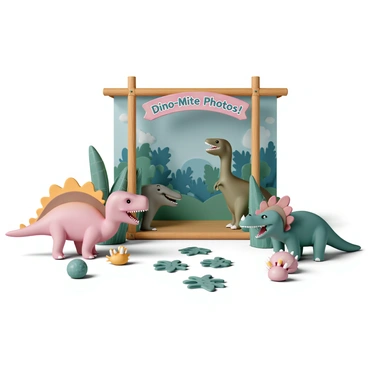 A dinosaur-themed photo booth with a prehistoric jungle backdrop