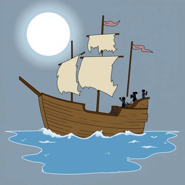 A ghost ship with tattered sails and a weathered wooden hull floats silently on calm waters, surrounded by a thick, swirling mist. The ship's ghostly apparition is partially obscured, enhancing its mysterious presence. Above, a bright full moon casts a soft glow, illuminating the mist and creating an ethereal atmosphere. The water reflects the moonlight, shimmering in patches, while the edges of the mist curl around the ship, giving it an otherworldly appearance. Dark, shadowy figures can be faintly seen moving aboard the vessel, adding to its eerie allure.