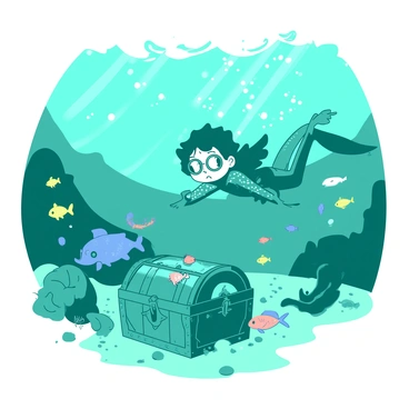 A teal magical explorer is diving into the ocean, wearing a shimmering suit that reflects light from the surface above. The explorer's eyes are filled with wonder as they approach a large, ornate treasure chest resting on the ocean floor, partially buried in sand. Surrounding the chest are various colorful fish of different sizes and shapes, swimming gracefully throughout the scene. Rays of sunlight filter down through the water, illuminating the treasure and casting shimmering reflections on the ocean floor.
