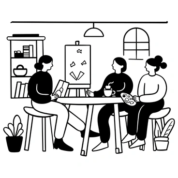 A group of three artists seated at a rustic wooden table in a cozy cafe. One artist has a sketchbook open and is drawing with a pencil, while the second artist is holding a steaming cup of coffee and gazing thoughtfully at a blank canvas propped nearby. The third artist is adjusting the colors on a palette, with paintbrushes resting beside them. Surrounding the table, there are potted plants and shelves lined with art books and supplies. "V&A Museum Cafe" is displayed on a small sign above the counter, and soft light filters through large windows, casting gentle shadows across the scene.