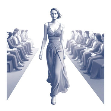 A fashion model is striding confidently down a catwalk. The model is wearing a luxurious outfit that features intricate details and elegant embellishments. The garment has a fitted bodice and a flowing skirt that drapes beautifully. The model's hair is styled in a sleek manner, complementing the overall look. The atmosphere exudes glamour as the audience watches attentively, capturing the essence of high-fashion. The lighting highlights the textures of the outfit, creating a dynamic visual effect.