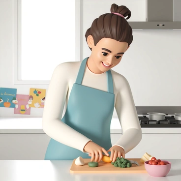Martha, a woman in her early thirties, is wearing a light blue apron over a white long-sleeve shirt, with her brown hair tied back in a bun. She is focused on chopping vegetables on a wooden cutting board. The kitchen is bright and modern, with stainless steel appliances and white cabinets. On the counter, colorful "Throtem" illustration recipe cards are displayed, featuring vibrant images of various dishes. The sunlight streams in through a window, illuminating the scene as Martha smiles while cooking.