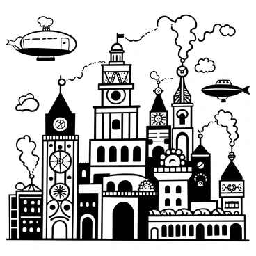 A steampunk city filled with intricate clockwork towers and billowing steam. Airships float gracefully in the sky, their large sails unfurled. The skyline is dotted with gears and cogs, each tower adorned with pipes and mechanized elements. The architecture features ornate bridges connecting the towers, and various smaller flying machines dart between the larger airships. The twilight sky casts shadows over the city, creating a dramatic atmosphere filled with bustling activity below.