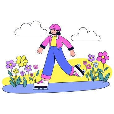 A roller-skater wearing a bright red helmet and matching protective gear is gliding gracefully along a smooth path. The skater has their arms outstretched for balance and wears a colorful outfit that contrasts with the surroundings. Surrounding the skater is a vibrant field filled with various blooming wildflowers in shades of yellow, purple, and pink. The flowers sway gently in the breeze, adding a lively touch to the serene landscape. The sky above is clear with a few fluffy white clouds scattered throughout.
