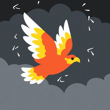 A majestic bird with vibrant feathers, featuring wings resembling bright yellow and white lightning bolts, soars gracefully through a dark storm. The bird's body is sleek and streamlined, with sharp features that reflect the intensity of the storm. Dark gray clouds swirl menacingly in the background, illuminated by flashes of lightning. Raindrops fall around the bird, creating a dynamic scene that captures its impressive flight amidst the tempest.