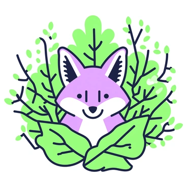 A fox head is centered in the image, featuring pointed ears and sharp facial features. The fur is detailed, showcasing a blend of colors. Surrounding the fox head, there is an abundance of lush forest foliage. Various leaves and branches create a dense frame around the fox, emphasizing the natural environment. The background includes more greenery, with hints of larger plants and trees partially visible, enhancing the sense of being in a rich forest setting.