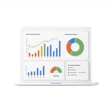 A 3D render of an analytics dashboard displaying detailed sales data for a dropshipping business. The dashboard features multiple graphs and charts, including a line graph showing sales trends over time, a bar chart representing sales by product category, and a pie chart illustrating the market share of different suppliers. Each chart has distinct colors and labels for clarity. There are also numerical indicators showing total sales, average order value, and other key performance metrics. The background is a subtle gradient to enhance the focus on the dashboard elements.