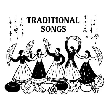 A group of women dressed in intricate traditional attire, each adorned with colorful henna patterns on their hands, standing together in a semi-circle. They are engaged in singing, with their arms raised, holding colorful dupattas gracefully. In the background, there are decorative elements such as hanging marigold flowers and twinkling fairy lights. The ground is covered with vibrant fabrics and cushions, creating a festive atmosphere. The words "Traditional Songs" are displayed prominently above the scene.