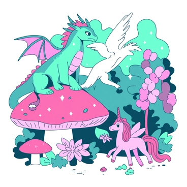 A vibrant teal dragon with shimmering scales is perched on a large pink mushroom, surveying the scene. Nearby, a small pink unicorn with a sparkling horn is playfully trotting around, while a teal fairy with delicate wings flits from flower to flower. In the background, a white griffin stands majestically, its feathers ruffling in the gentle breeze. The magical forest is filled with oversized glowing plants in shades of pink and teal, creating an enchanting atmosphere as these mythical creatures interact and share stories under a sky filled with twinkling stars.