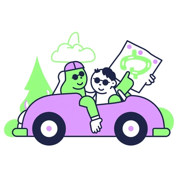 A pair of cartoonish thumbs are sitting in a colorful car, smiling as they enjoy a fun road trip. The car has a rounded shape, featuring oversized wheels and a playful design. The thumbs have faces with expressive features, one is wearing sunglasses while the other has a small cap. In the driver's hand, there is a folded map, showing a winding road with markers. The background has a few stylized trees and hills, emphasizing the feeling of movement and adventure.