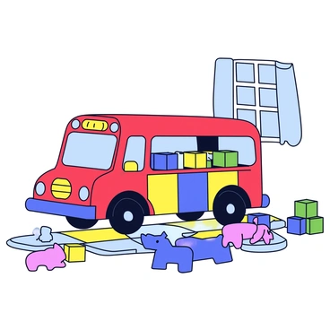 A toy bus built from colorful blocks with various hues including red, blue, yellow, and green. The bus has a distinct rectangular shape with block wheels and a block windshield. It is parked on a soft, multicolored play mat that features shapes and patterns. Surrounding the bus are scattered toys such as blocks and plush animals, creating a vibrant playroom atmosphere. Bright natural light filters in through a nearby window, illuminating the scene.