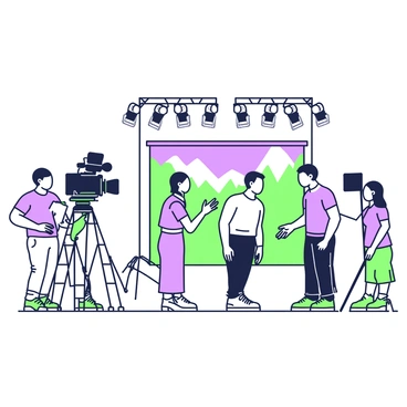 A movie film set is bustling with activity. In the center, there are two actors rehearsing a scene, one is standing and delivering lines while the other listens intently. Surrounding them are multiple cameras positioned at various angles, capturing the performance. Above, several lighting rigs are set up, illuminating the scene with bright lights. To the side, a film crew is adjusting equipment and reviewing notes on clipboards. The backdrop features a large, painted scenery that sets the tone for the scene being shot.