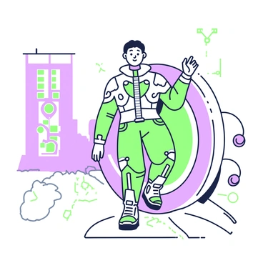 A time traveler is stepping out from a glowing portal. The traveler is wearing a futuristic suit with intricate patterns and technology embedded within it. The portal is circular and emits a soft light, creating a contrast with the surrounding environment. The ground beneath the portal is marked with faint lines and symbols. In the background, there are tall buildings with unique architectural designs, suggesting a new era. The traveler has a determined expression, and their right arm is slightly raised as if preparing to take a step forward into this unfamiliar world.